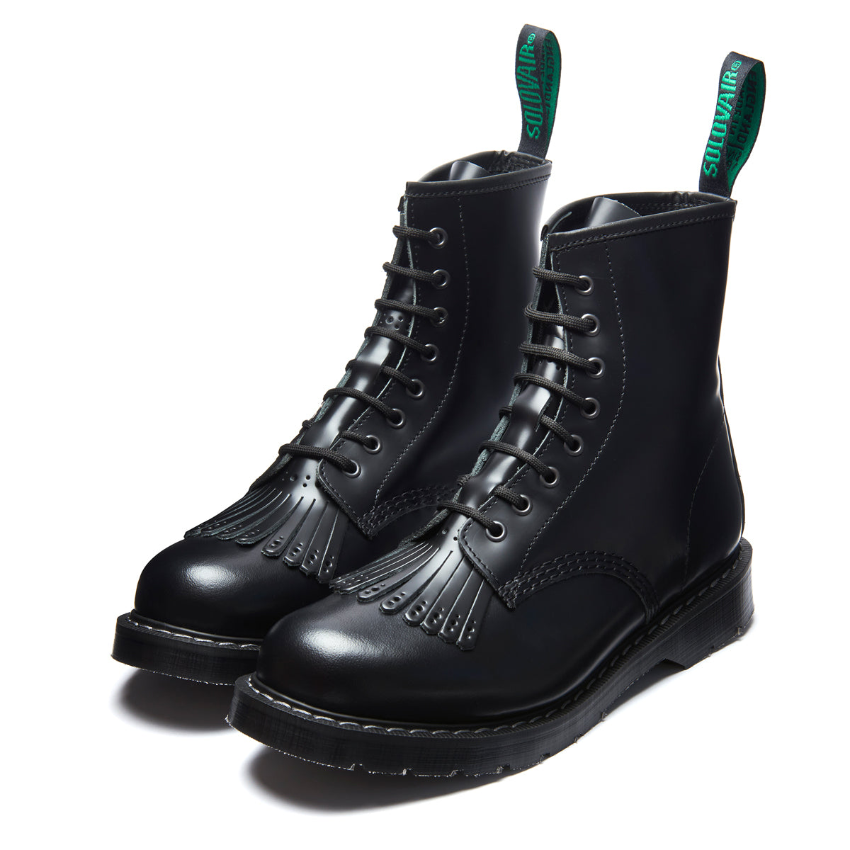 Black Hi-Shine 8 Eye Derby Boot & Brogue Kiltie – NPS Solovair USA