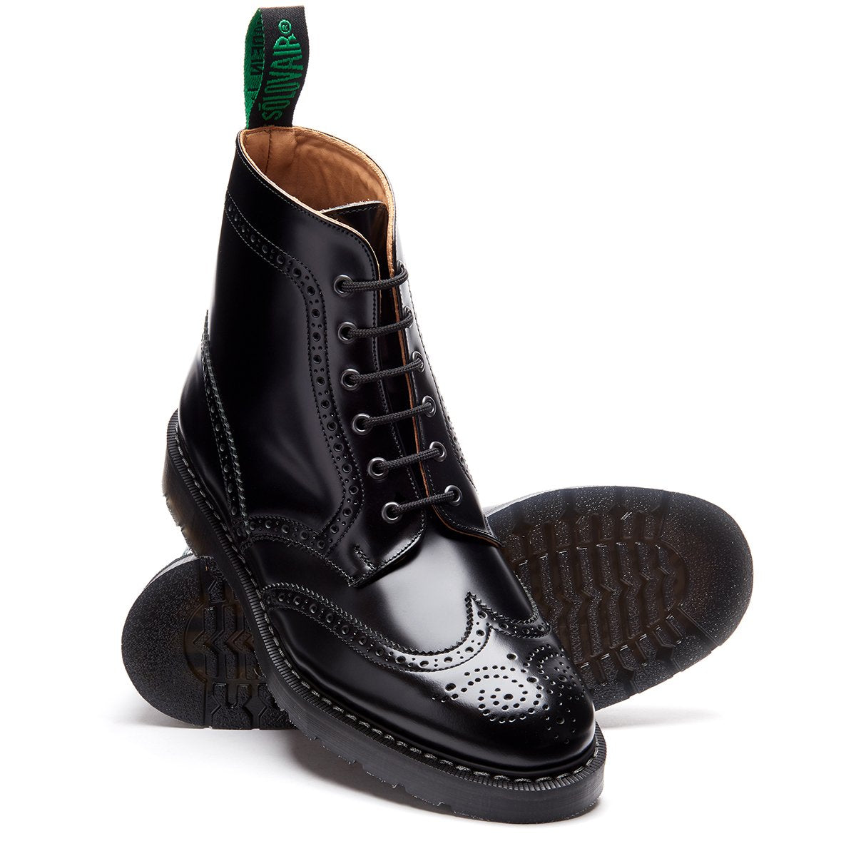 Black Hi-Shine 6 Eye Brogue Boot | Solovair | Handmade in England