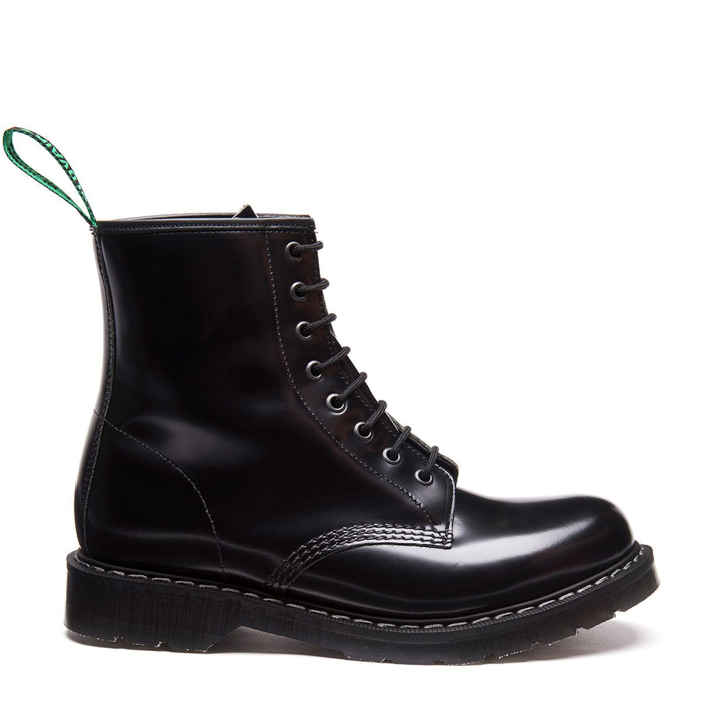 Black leather lace-up derby boots with sturdy sole